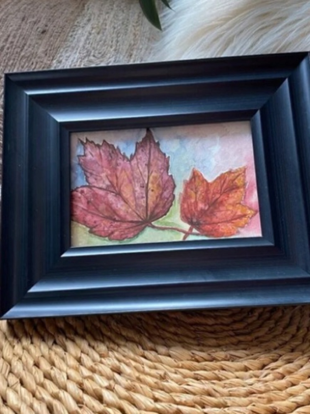 Framed Original Watercolor - Black Frame - Fall Autumn Leaves Colorful